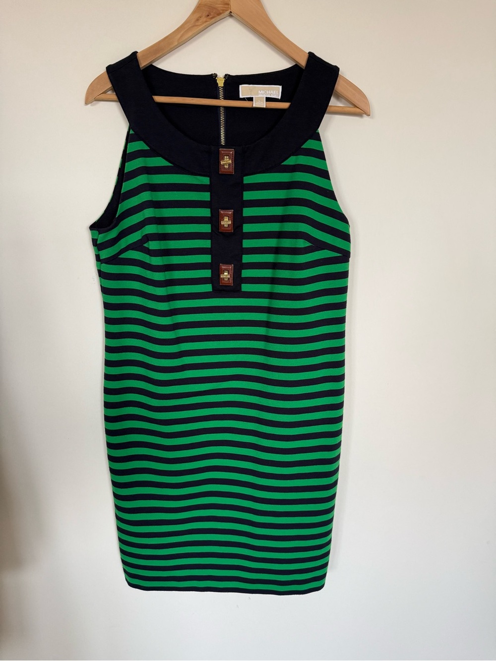 MICHAEL Michael Kors Green and Navy blue Striped Sleeveless Midi Dress